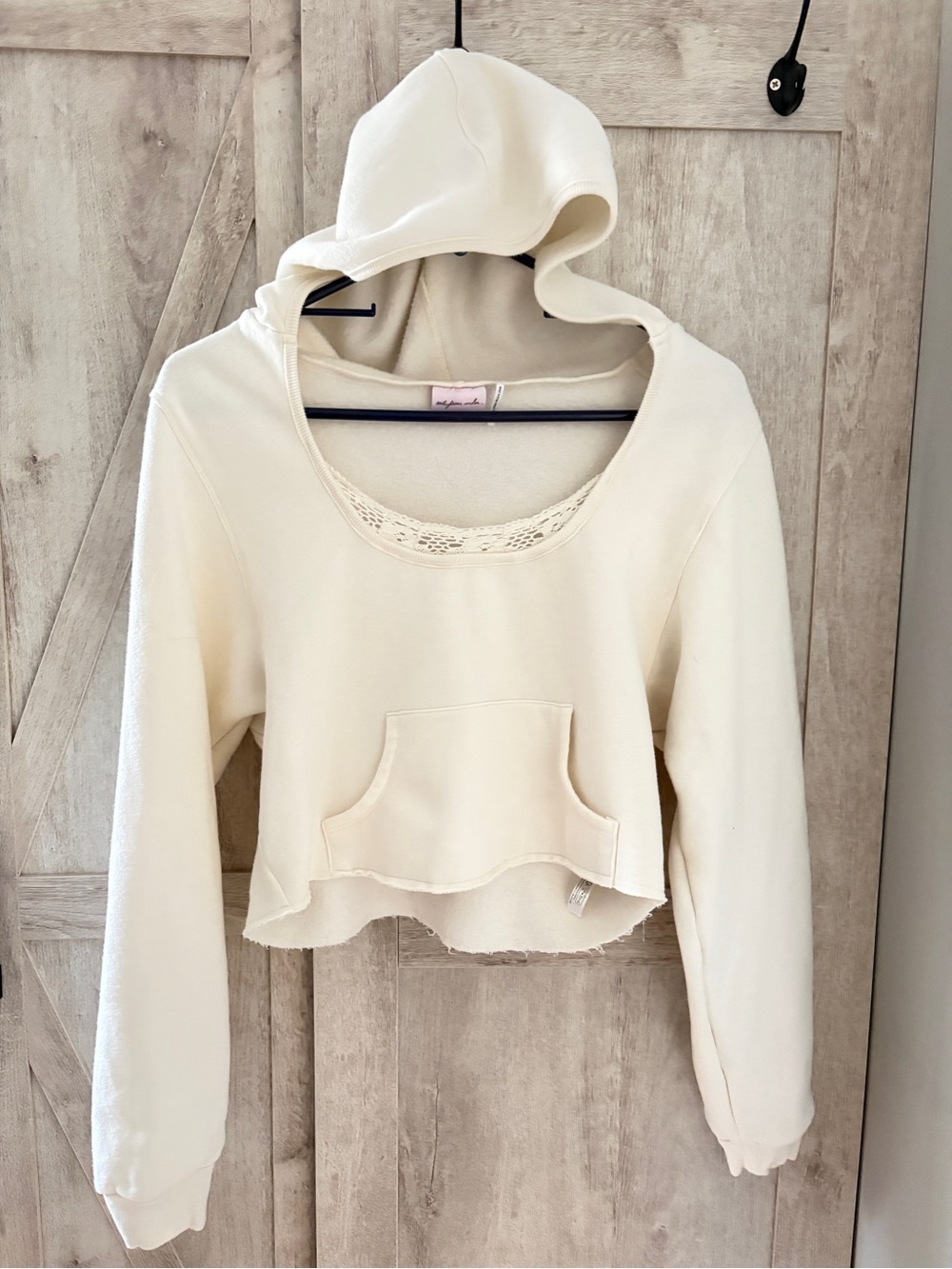 Out From Under Cream Cropped Fleece Hoodie Lace Trim | Fits Small